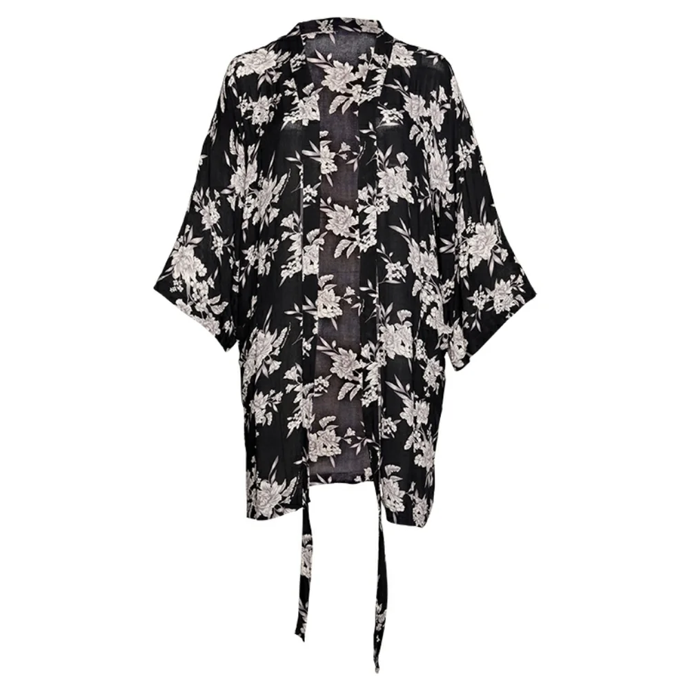 Spiritual Gangster Maya Floral Kimono Duster Tie Front Black Boho Cover Up OS